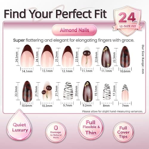 Brown Press On Nails Almond Shape, Glossy Red Gradient with Cherry, Leopard Print & Gold Studs, Luxury Handmade Look Full Cover False Nails for Women, Reusable, 24PCS thumbnail 5