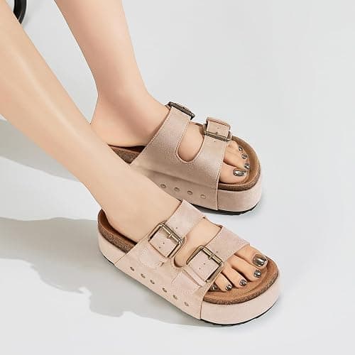 BiuYorBTY Women's Platform Clogs Sandals Cork Footbed with Comfort Double Buckles, Summer Platform Slides Mules, Summer Beach Comfort Wide Widths Availab thumbnail 2