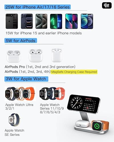 3-in-1 Charging Station for Apple Device, Qi2 25W Certified Magnetic Wireless Fast Charger Stand Compatible with MagSafe for iPhone 18/17/16/15/14/13/12/Air/Duo Series, Apple Watch & AirPods thumbnail 7