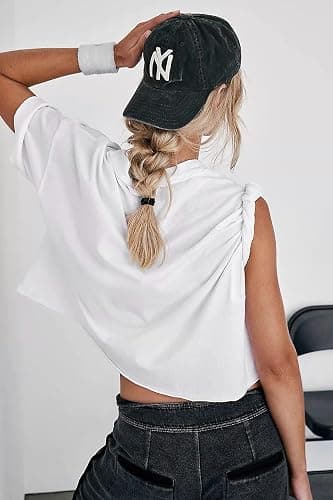 Women's Oversize Workout Crop Tops Casual Short Sleeve Drop Shoulder Boxy T-Shirts Roll Hem Basic Loose Yoga Running Tees thumbnail 3