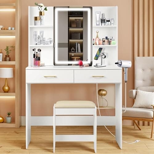 QUALIKRAFT Lighted Makeup Vanity Desk with Power Outlet & Stool, White Dressing Table with LED Mirror, with Drawers, 6 Shelves for Bedroom Organization, Gift for Women - Image 1