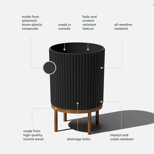 Veradek Demi Series Round Planter w/Stand for Porch/Patio | Durable Plastic-Stone Composite & Wooden Stand | Modern Décor for Tall Plants, Flowers thumbnail 4