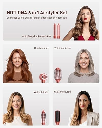 HITTIONA 6 in 1 Airstyler, Auto-Wrap Lockenstab & High-Speed Ionen-Föhn, Warmluftbürste, Glättbürste, Volumenbürste, Hairstyler für Frauen, Alltag, Zuhause & Reisen, mit Reisetasche thumbnail 2