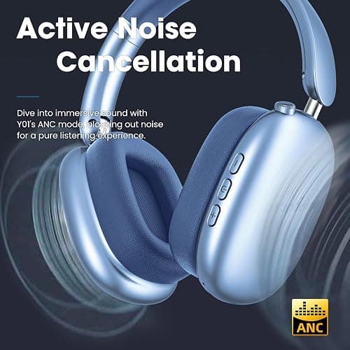 Wentronic Y01 Wireless Over Ear Headphones, Noise Canceling Bluetooth 5.3 Headphones with Microphones,Hi-Res Audio,48H Playtime,Foldable,Breathable Soft Earpads for iOS/Android/Samsung/PC-Blue thumbnail 2