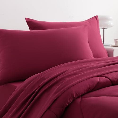 NTBAY Twin Comforter Set with Sheets, 5 Pieces Soft and Breathable Twin Bedding Set, Twin Bed in a Bag, Down Alternative Comforter Set Solid Color All Season, Kids Bedding Set, Wine Red thumbnail 6