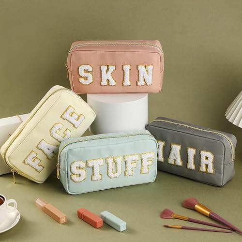 Cunno 4 Pcs Preppy Makeup Bags Chenille Letter Stuff Bag Nylon Cosmetic Pouch Cases with Zipper for Women Travel Toiletry thumbnail 6