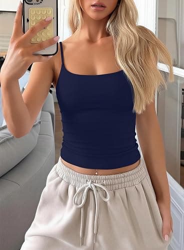 Women's Double Lined Tank Top with Bulit in Bra Adjustable Spaghetti Straps Sleeveless Basic Camisole Shirts thumbnail 3