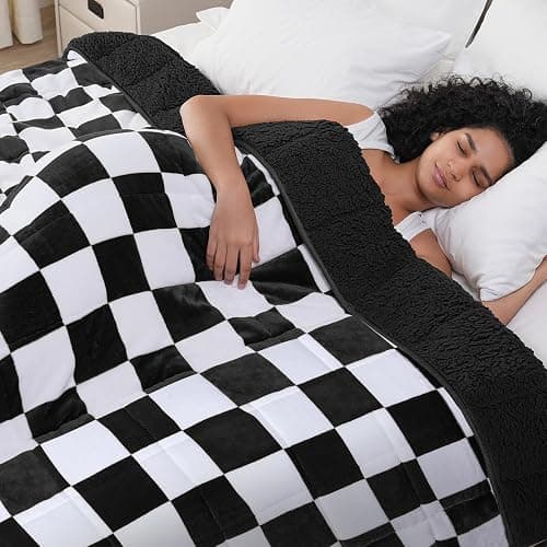 Cottonblue Weighted Blanket for Adults Queen Size 15lbs, Soft Sherpa Flannel Checkered Weighted Blankets, Fluffy Fuzzy Fleece Bed Heavy Blankets for Calming and Relax, Plaid Black, 60" x 80" - Image 1
