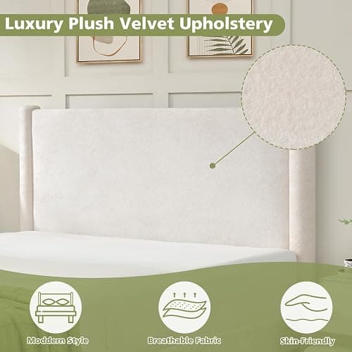 VELOCAVA Queen Size Upholstered Platform Bed Frame with Soft Rounded Corners, 44.88" Tall Headboard, Luxury Plush Velvet Upholstery, 11 Slats & 5 Center Legs, No Box Spring Needed, Cream White thumbnail 4