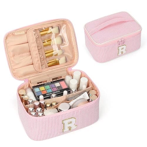OCHEAL Makeup Bag for Women, Monogram Cosmetic Bag with Brush Holder, Pink Travel Makeup Case Beauty Toiletry Bag Organizer Personalized Gifts for Girls Bridesmaid, Sister, Wife, Friends Initial R thumbnail 8