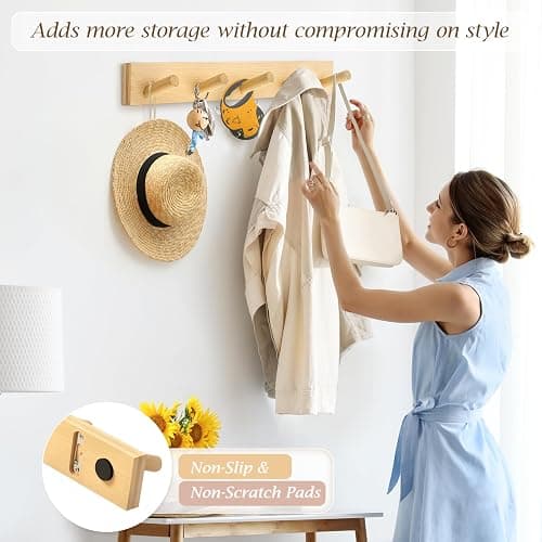 HOMEBROS Coat Rack Wall Mount, Wooden Coat Hanger with 5 Hooks, Heavy Duty, Natural, 1 Pcs thumbnail 3