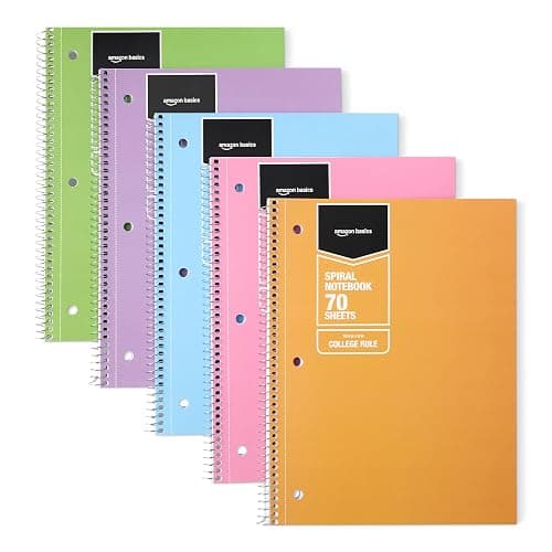 Amazon Basics Notebooks, College-Ruled School Spiral Notebook, For Work and School, 70 Sheets, 10.5" x 8", Assorted Pastel Solid Colors, 5-Pack - Image 1