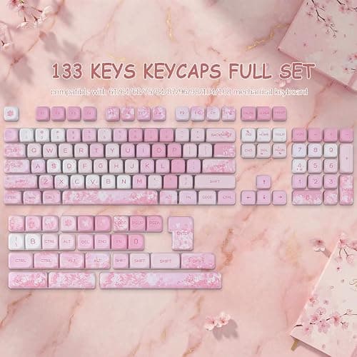 Tsungup Keycaps-Pink Cherry Blossom MOA Keycaps,Cute Sakura Custom Keycap Set 133 Keys PBT Dye Sublimation Shine Through Keyboard caps for Cherry Gateron MX Swithes Mechanical Keyboard thumbnail 5