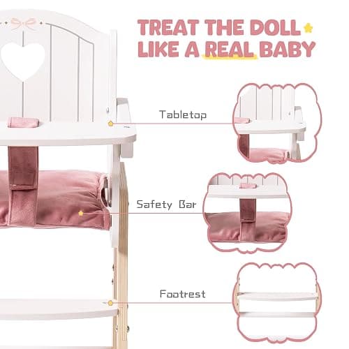 ROBUD Play High Chair, Pretend Play High Chair | with Cushion, Movable Table, Wooden Baby Doll Accessories, Fits 18-20 Inch Dolls, White thumbnail 4