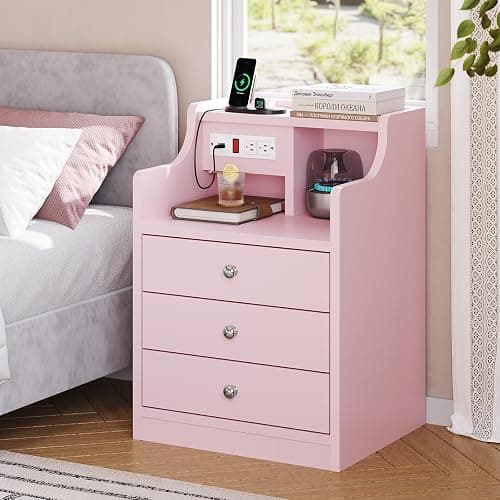 ADORNEVE Night Stand Set 2,Pink Nightstand with Charging Station & Hutch,Night Stands for Bedrooms Set of 2,Bedside Table with Drawers - 2PC - Pink thumbnail 6