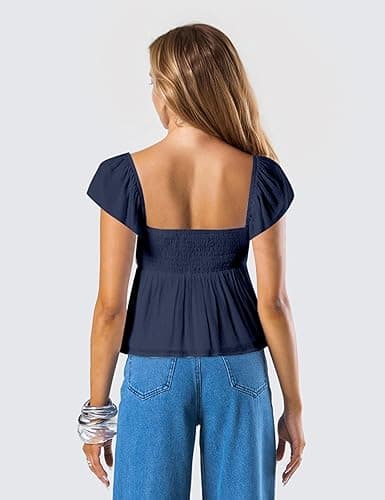 HOCANDY Womens Flowy Peplum Tank Tops Ruffle Sleeve Babydoll Tank Top Sweetheart Neck Smocked Back Short Sleeve Going Out Top thumbnail 3