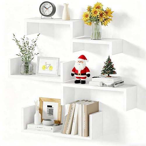 SRIWATANA Floating Shelves for Wall, Wall Shelves for Bathroom, Bedroom, Living Room, Kitchen, Office, Wood Shelves for Home Decor Set of 5 (Washed White) - Image 1