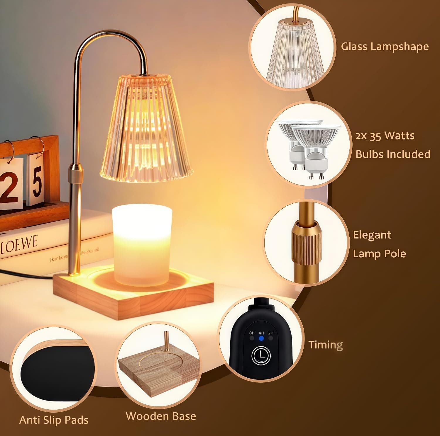 Candle Warmer Lamp with Timer Dimmer, Adjustable Height Candle Warmer, 4 Level Temparature Candle Lamp, Gifts for Women, Housewarming Gifts, Wax Melting Lamp for Vintage Bedroom Home Decor thumbnail 6