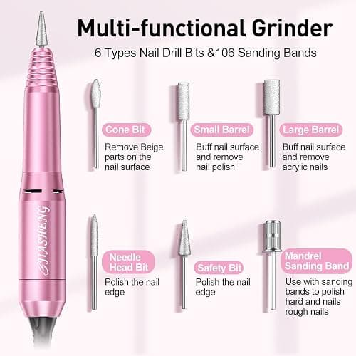20000RPM Electric Nail Drill Professional Nail File Drill Acrylic Nails Kit for Manicure Gel Nail Polish Remover with 1 Pack of Sanding Bands(Pink) thumbnail 4