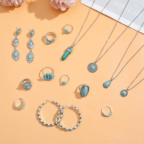 NEWITIN 20 Pieces Silver Bohemian Jewelry Set for Women Fashion Costume Jewels Turquoise Necklace Bracelet Ring Earrings Western Turquoise Jewelry Set for Women thumbnail 4