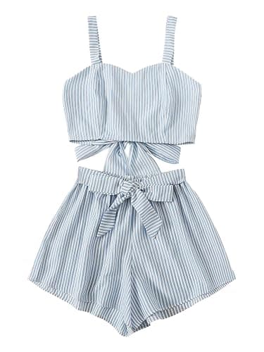 SweatyRocks Women's 2 Piece Outfits Summer Sleeveless Tie Back Crop Cami Top and Shorts Set - Image 1