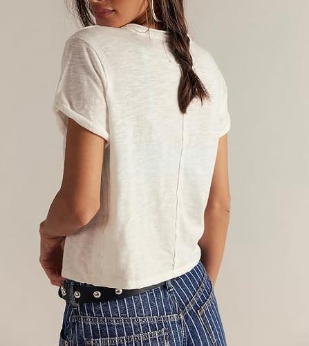 Womens V Neck Short Sleeve T Shirt for Layering Going Out Streetwear Crop Tops Boxy Aesthetic Vintage Solid Tees thumbnail 2