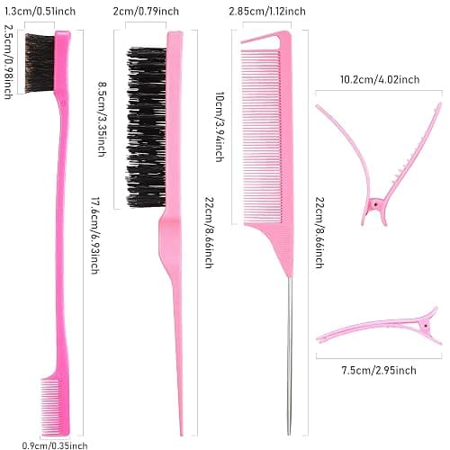 Remerry 12 Pcs Hair Brush Set Rat Tail Comb Edge Teasing, Pink | Nylon Bristle Teasing for Volume, Metal Tail Parting Comb for Sectioning, Dual Sided Edge Smoothing, 6 Duckbill Clips thumbnail 2