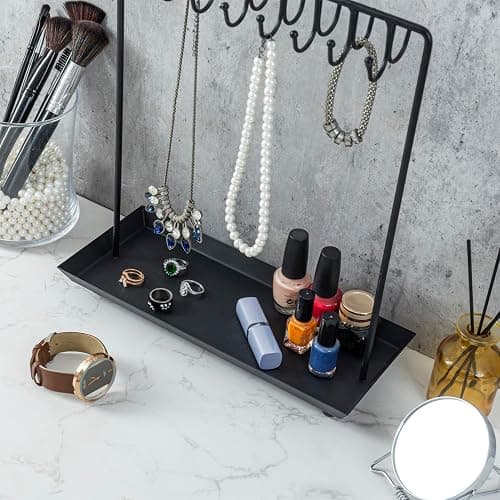 MyGift Black Metal Jewelry Stand for Women Jewelry Organizer Stand for Necklaces with 20 Hooks and Ring Tray Sturdy Necklace Pole thumbnail 5