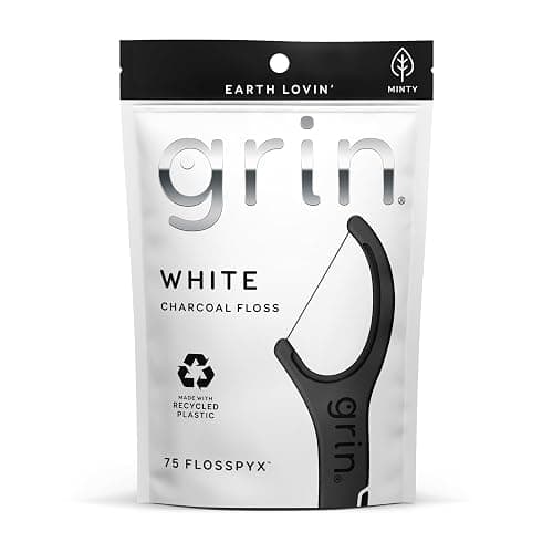 GRIN White Charcoal Infused Flosspyx, 75 Count, Dental Flossers, Minty Flavor, Recycled Plastic, Charcoal Infused Floss Picks, Premium Longer Floss Head, Easy Slide, Includes Soft Fold-Back Tooth Pick - Image 1