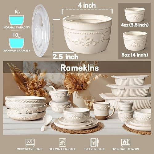 Artena Ramekins with Lids, Creme Brulee Ramekins Oven Safe, Ceramic Pudding Cups, Souffle Cups, Custard Cups, Dipping Sauce Cups, Food Storage Containers with Lids, Set of 4 (Multiple Patterns, 8 oz) thumbnail 7