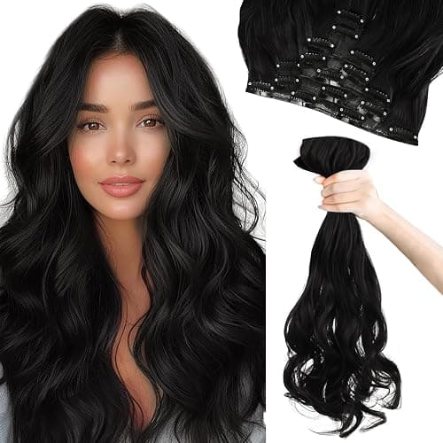 Vlasy Hair Extensions Clip in,7PCS Wavy Clip in Extensions,20 Inches Long Synthetic Clip on Hair Hairpiece Full Head for Women Girls(1B#) - Image 1