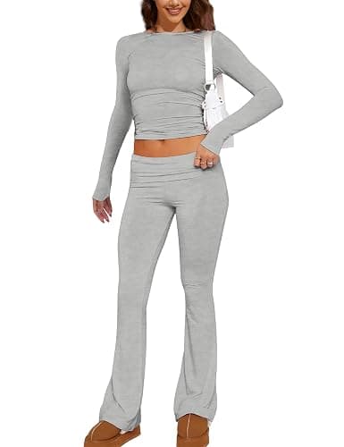 MISSACTIVER Women's Two Piece Outfit Basic Long Sleeve Crop Top and Low Rise Flare Pants Set Lounge 2 Piece Yoga Tracksuit - Image 1