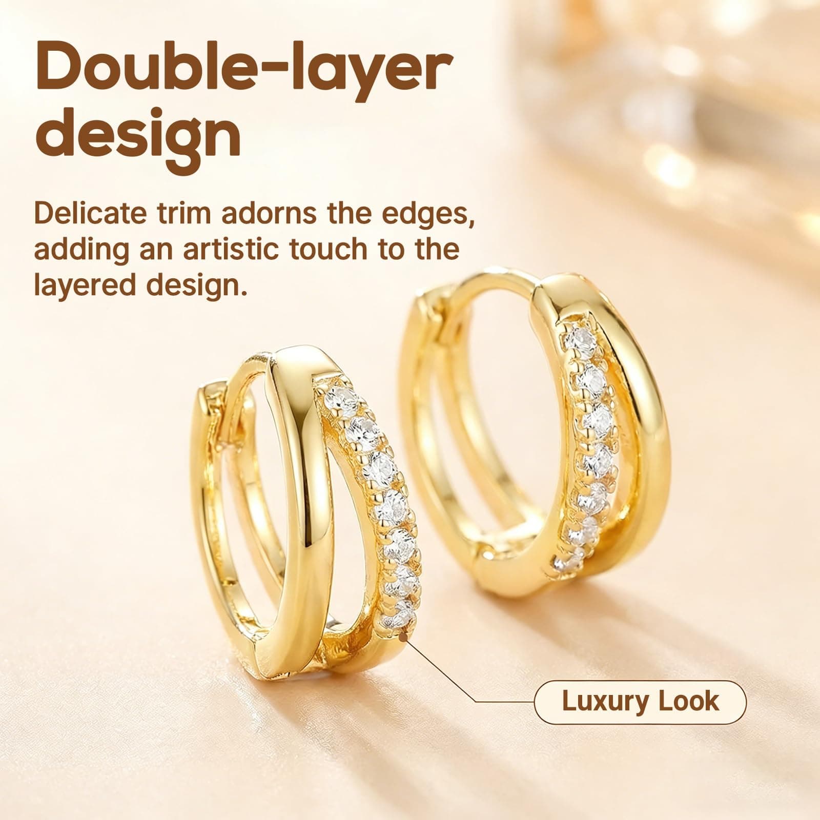 Fashionable Gold Hoop Earrings for Women Cubic Zirconia Hypoallergenic Dainty Lightweight Gold Silver Double Hoop Earrings thumbnail 5