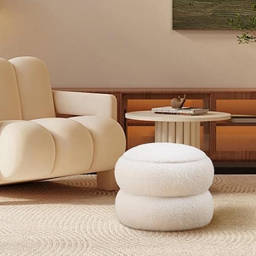 Mxfurhawa Storage Ottoman,Soft Teddy Velvet Upholstered Footrest,Mordern Round Footstool with Biscuits Shape,Side Tabble and Plant Stands for Living Room,Hallway,Bedroom (White) thumbnail 2