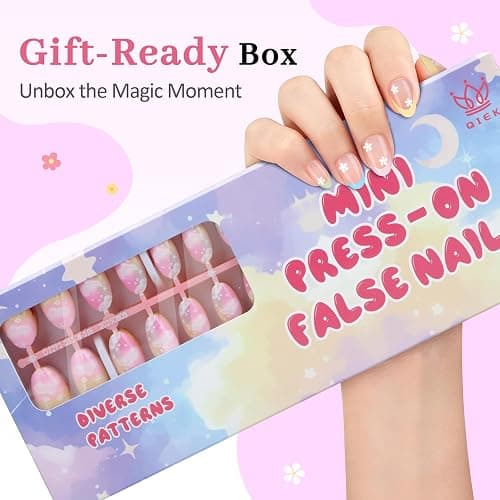 Qiek 16 Sizes 128 Pieces Press on Nails for Kids, 4 pack Kids Nail Kit Colorful Flower Almond Fake Nail Tips for Girls 8-12 Years Old with Jelly Nail Adhesives & Nail Glue Birthday Christmas Gifts thumbnail 9