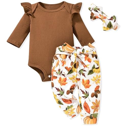 Aalizzwell Preemie Newborn Infant Baby Girls Clothes Ribbed Romper Bodysuit Pants Set Fall Winter Outfits - Image 1