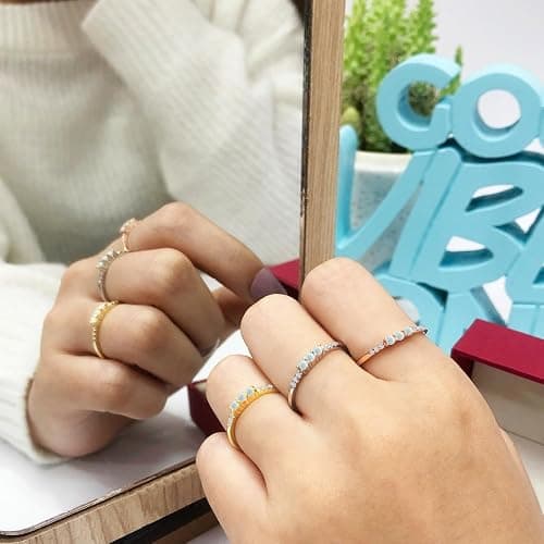 3 Stone Opal Ring for Women with Cubic Zirconia, Dainty Minimalist Stackable Promise Ring in 10K Solid Gold or 14K Gold Plated 925 Sterling Silver Jewelry Gift for Her thumbnail 5