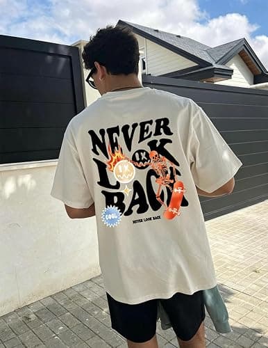 UOUA Men's Graphic Tees Oversized Short Sleeve T-Shirt | 100% Cotton, Ribbed Crewneck, Vintage Streetwear, Summer Casual Tops thumbnail 8