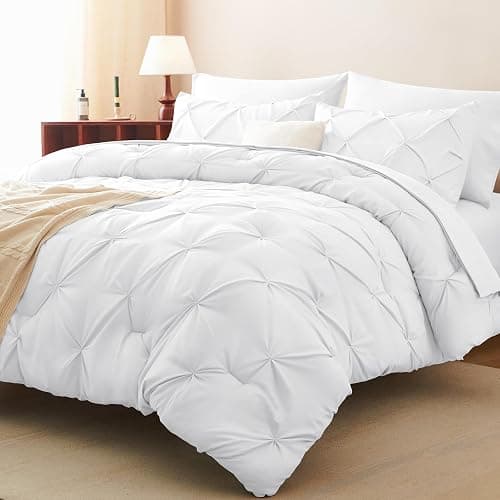 CozyLux Queen Comforter Set White, 7 Pieces Pintuck Bed in A Bag, Premium White Comforter Queen Size, Pinch Pleat Bedding Sets with Comforter, Sheets, Pillowcases & Shams thumbnail 8