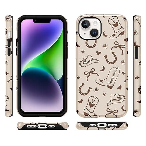 Yomjew Western Phone Case for iPhone 13 / iPhone 14 6.1", Retro Rustic Beige Country Bow Boots Hat Pattern Design Case Glossy Shockproof Cover Soft TPU Hard PC Protection Funda for Girls Women thumbnail 5