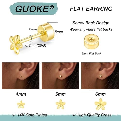 GUOKE 3 Pair Tiny Flat Back Earrings for Women - 14K Gold/White Gold Plated Cute Small Screw Flatback Stud Earring, Everyday Wear thumbnail 3