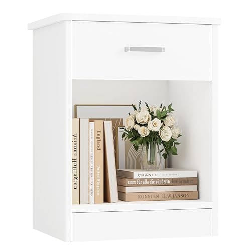 FOTOSOK Nightstand, 2-Tier Side Table with Drawer and Storage Shelf, Bedside Table End Table, Modern Night Stand for Bedroom, Home Office, White - Image 1