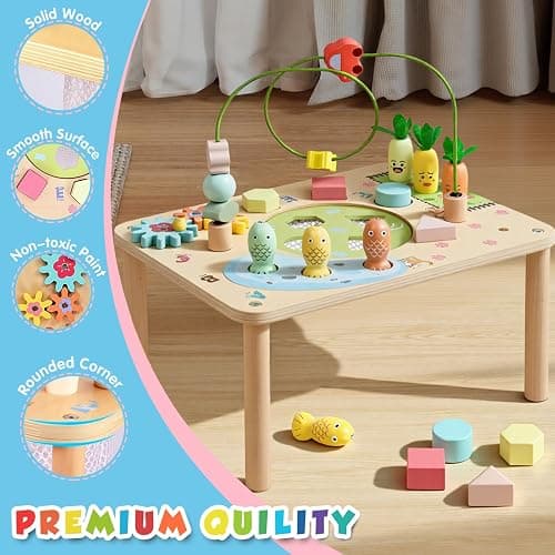 wingyz Activity Table, 6 in 1 Wooden Montessori Activity Center with Bead Maze Shape Sorter Fishing Game, Kids Sensory Play Table Toddler Toys 1st Birthday Gifts Boy Girl(Morandi-Square) thumbnail 5