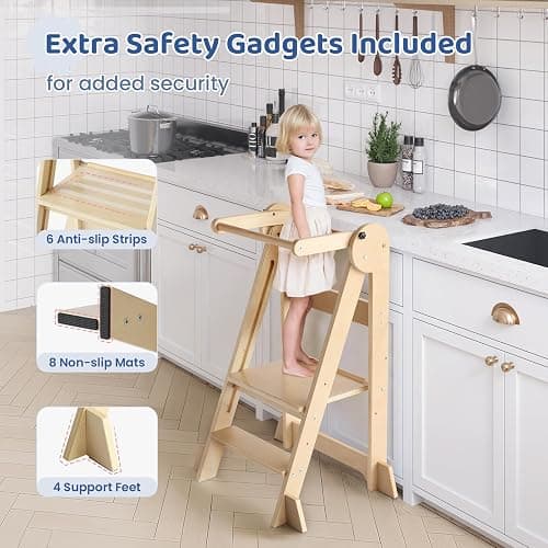 WeeGuruu Foldable Toddler Standing Tower, Height Adjustable Kitchen Tower with Safety Rails and Anti-Slip Device, Wooden Kids Kitchen Stool Helper for Ages 18 Months to 6 Years - Natural thumbnail 5