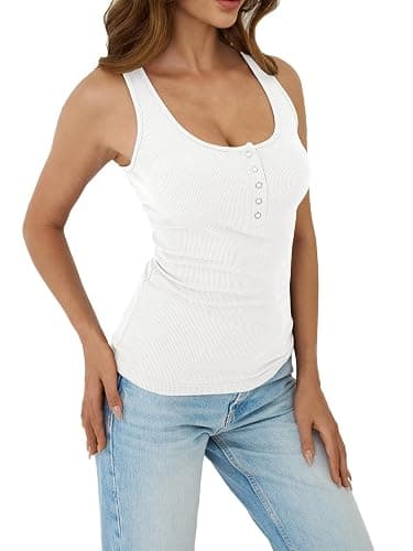SLOWCOLIN Ribbed Tank Tops for Women Sexy Low Cut Henley Tank Top Scoop Neck Slim Fit Casual Summer Shirts Women 2026 Trendy thumbnail 4