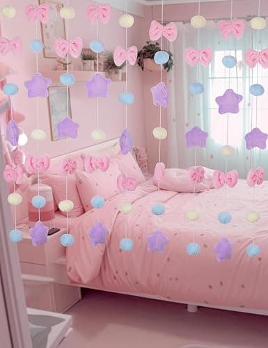 NiHome Fluffy Plush Doorway Curtain, Cute Hanging String Garland Kawaii Wall Hanging Home Decor for Girl Baby Room,Plush Bowknot Pentacle Garland Curtain with Hooks & Adhesive Velcro, 9 Strings - Image 1