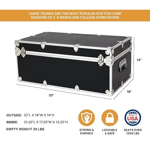 Rhino Trunk & Case Large Essential Trunk With Wheels 32”x18”x14”, 1000+ lbs Capacity - Many Colors. Strong, USA Made Summer Camp Footlocker, and Secure College Dorm Storage Chest thumbnail 3