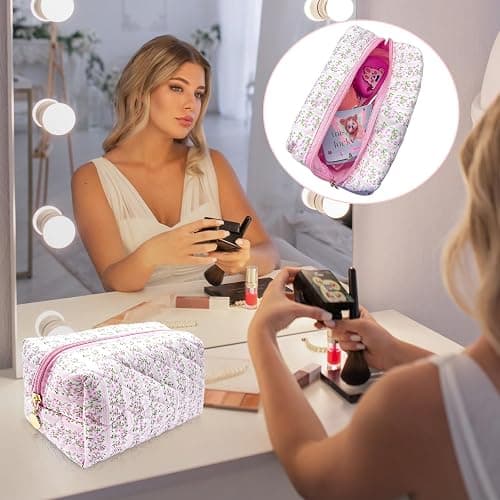 Vordpe Kosmetiktasche Blumen, Make Up Bag Aesthetic, Gesteppte Kosmetiktasche, Kosmetiktasche Rosa, Mäppchen Blumen, Kulturtasche Blumen (Rhombus) thumbnail 4