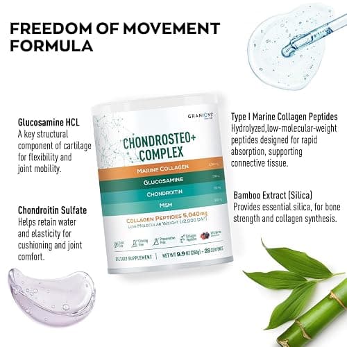 Granions Glucosamine Chondroitin MSM Powder 1,550mg – Joint Supplements for Men and Women - Chondrosteo, Hydrolyzed Marine Collagen Peptides, Essential Vitamins Glucosamine Complex – Wild Berry 9.9oz thumbnail 2