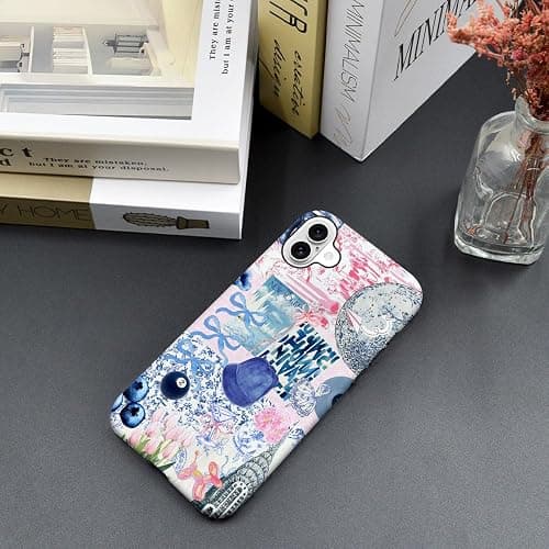 Generic Case Compatible with iPhone 16,Scratch Resistant Hybrid 2-Layer Hard Shell Phone Case,Ball Blue Bow Flower Collage Aesthetic thumbnail 4